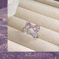【016】Pink Bow Open Ring Real Gold Plated Micro Inlaid Zircon Niche Double Layer Cute Adjustable Ring for Women