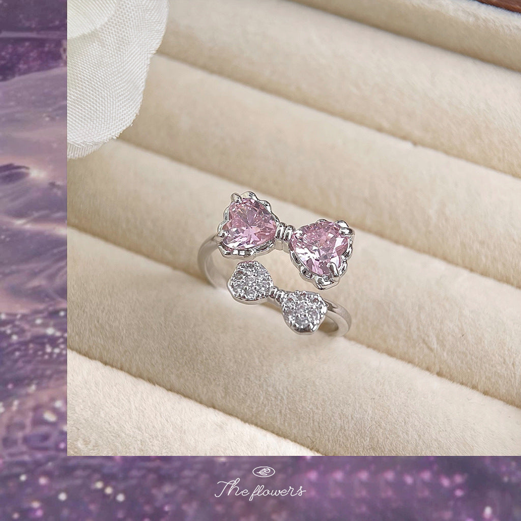 【016】Pink Bow Open Ring Real Gold Plated Micro Inlaid Zircon Niche Double Layer Cute Adjustable Ring for Women