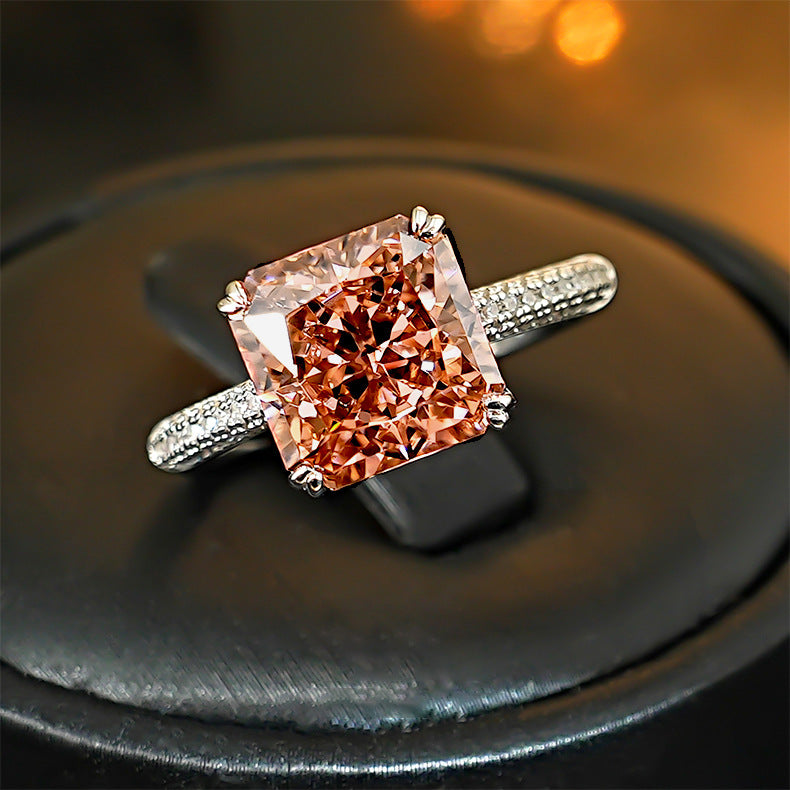 【010】Explosive Flash 4 Carat Ice Flower Cut Princess Square Diamond Opening Ring Morgan Color Papalacha Niche High Sense