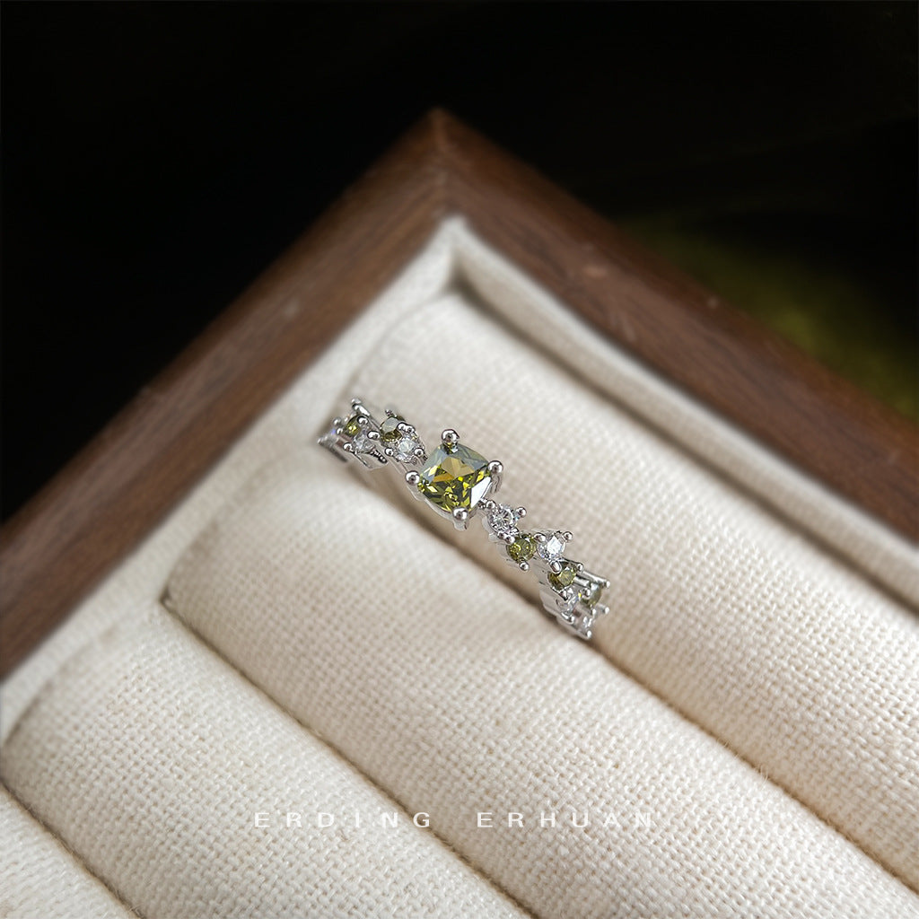 【017】Olive Green Zircon Ring French Retro Style Open Adjustable Plated Real Gold Color Retention New Arrival Index Finger Ring Factory Direct