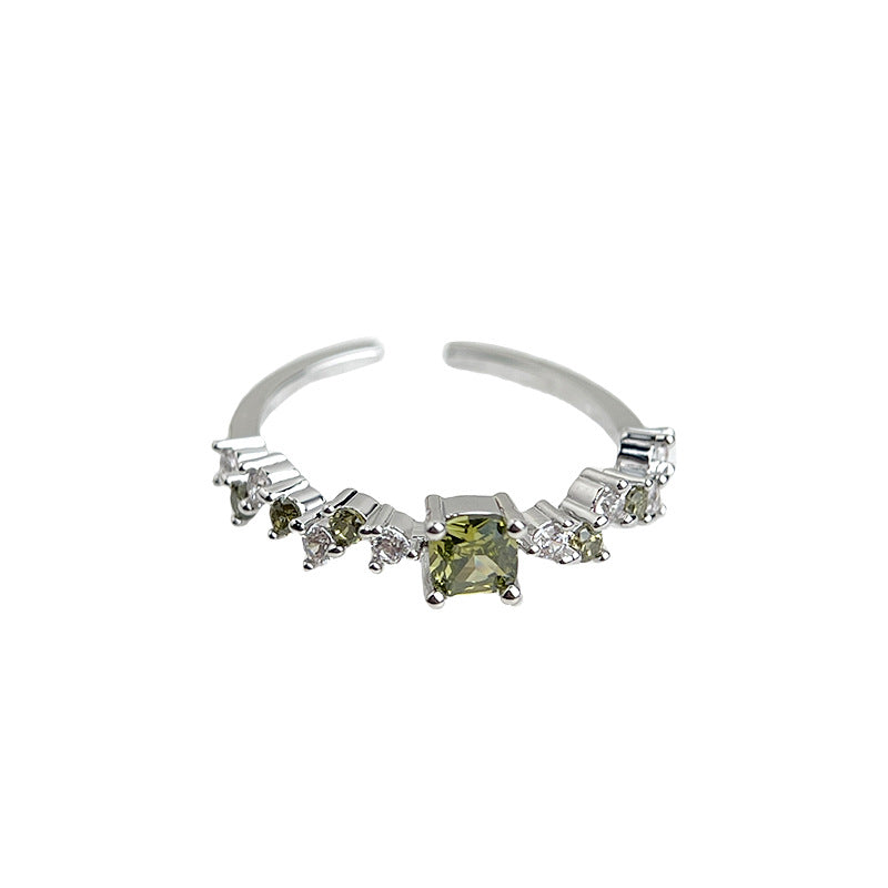 【017】Olive Green Zircon Ring French Retro Style Open Adjustable Plated Real Gold Color Retention New Arrival Index Finger Ring Factory Direct
