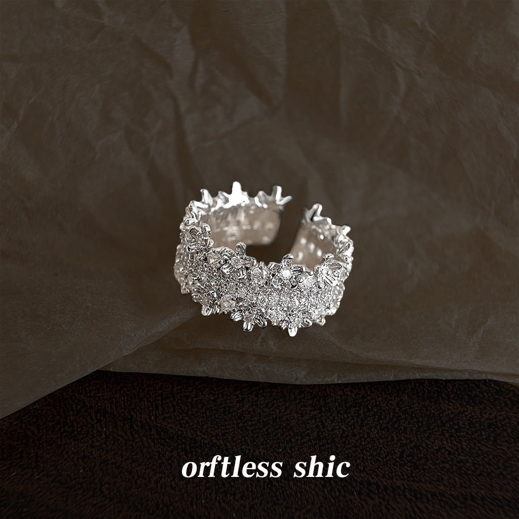【023】Real White Gold Electroplated Zircon Flower Ring Adjustable Opening High End Fashion Index Finger Ring Color Retention
