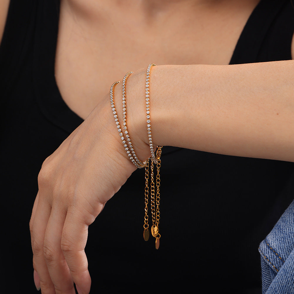 【048】Zircon inlaid bracelet women's titanium steel plated 18k real gold chic style fashion versatile hand jewelry