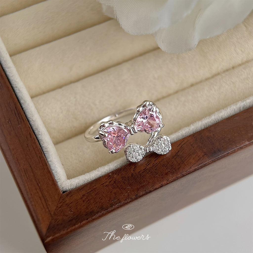 【016】Pink Bow Open Ring Real Gold Plated Micro Inlaid Zircon Niche Double Layer Cute Adjustable Ring for Women