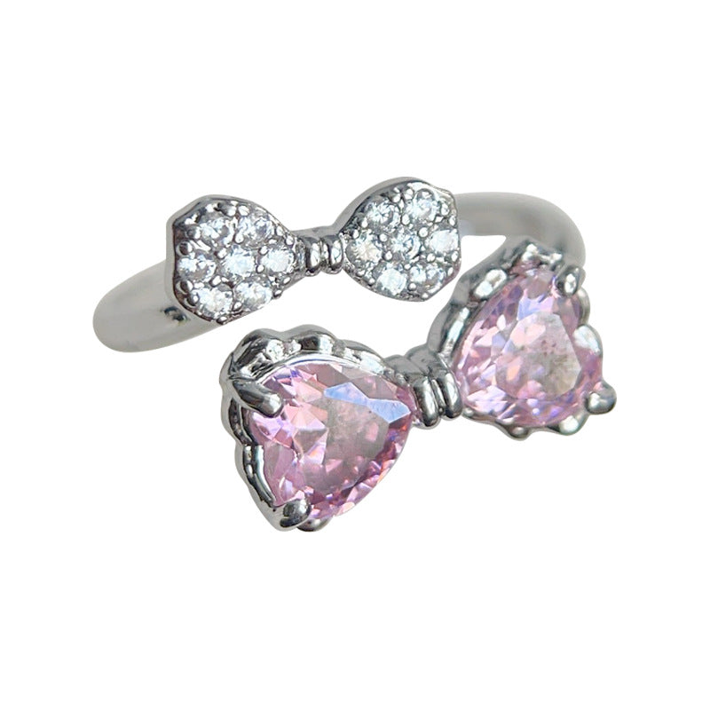 【016】Pink Bow Open Ring Real Gold Plated Micro Inlaid Zircon Niche Double Layer Cute Adjustable Ring for Women