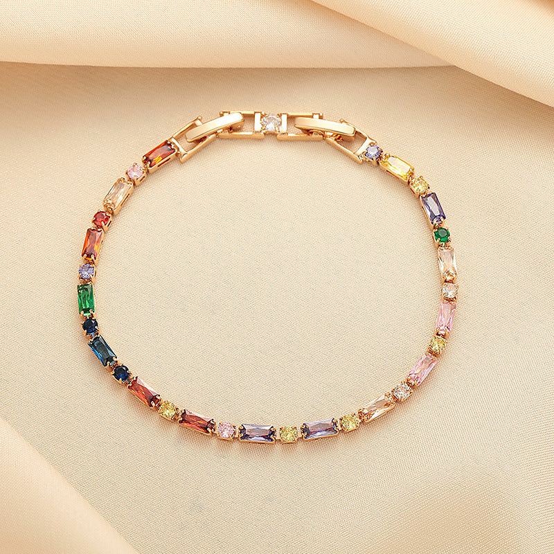 【041】Elegant Champagne Gold French Color Green Purple Pink Red Zircon Bracelet Light Luxury Niche Premium  Women Jewelry
