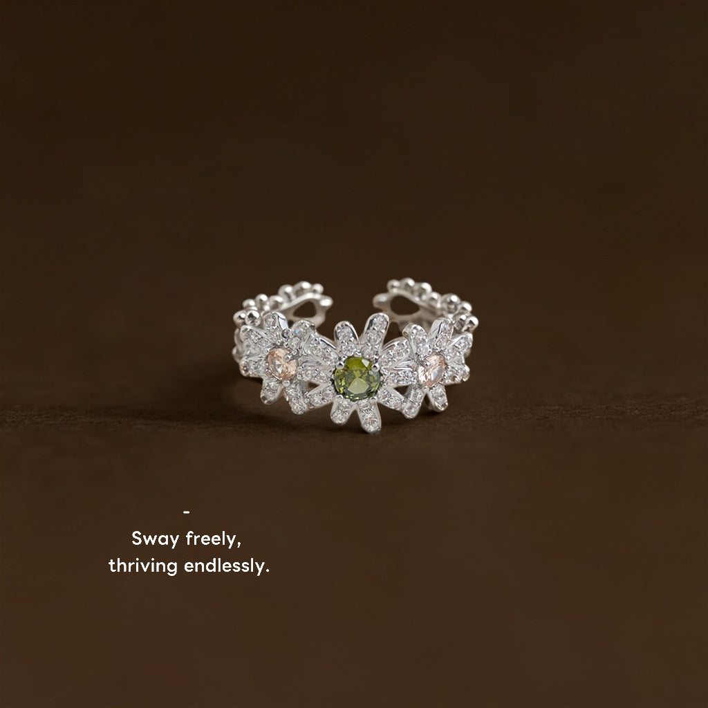 【026】Fashion high-end thick-plated real gold color-retaining micro-inlaid zircon daisy flower opening adjustable ring index finger ring