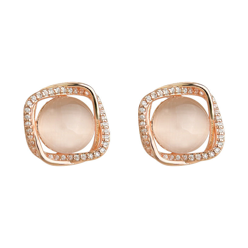 【018】Square geometric 3D high-end gentle stud earrings micro-inlaid zircon glass opal silver-plated rose gold pink earrings for daily