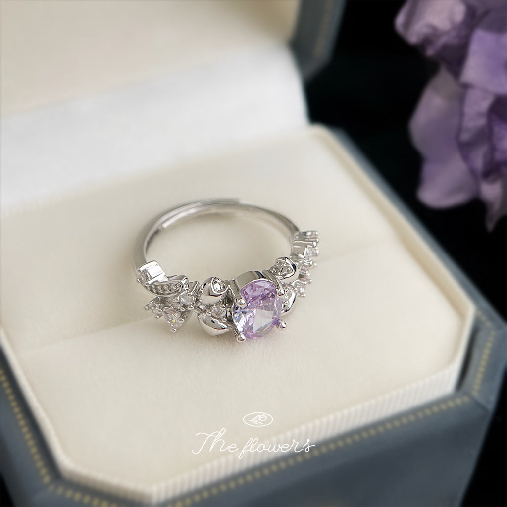 【015】High End Purple Zircon Ring Thick Plated Real White Gold Opening Adjustable Wreath Ring Strong Color Retention Micro Inlaid