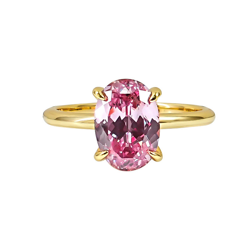 【009】Single Diamond Pigeon Egg Ring Pink Oval Ice Flower Cutting High End Simple Niche White Temperament Yellow Gold Opening Ring