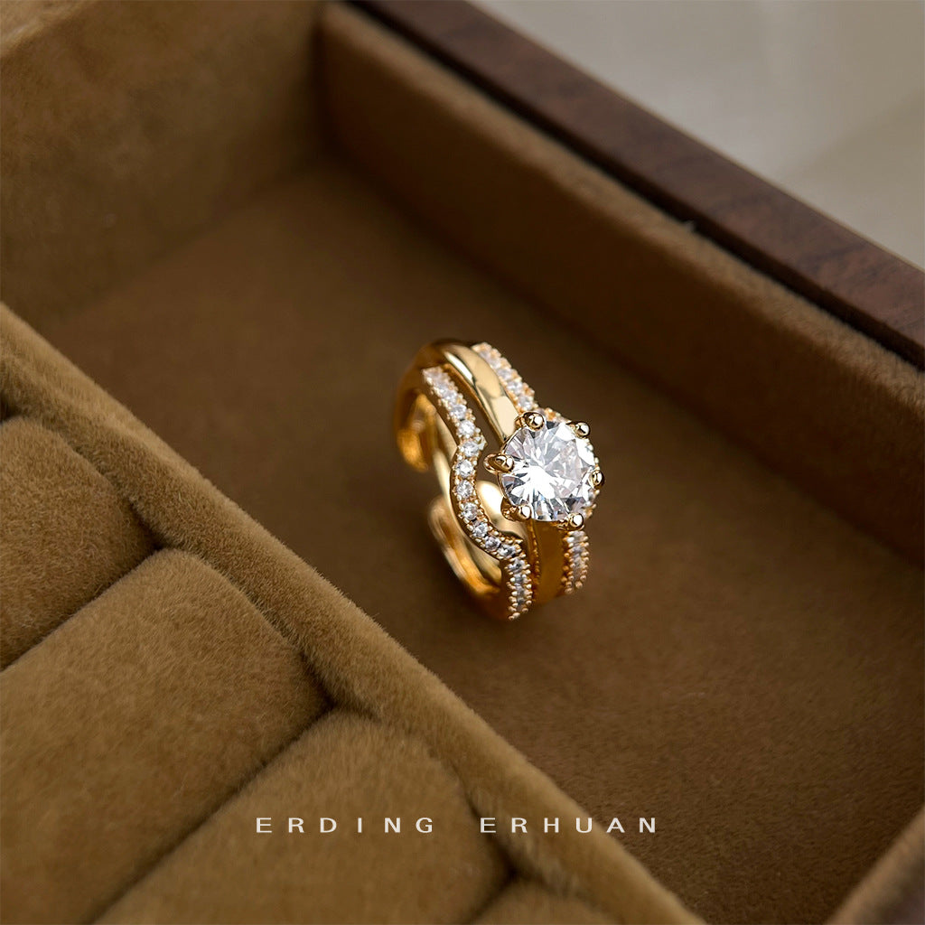 【011】Electroplated 14K Real Gold Thickened Color Retention Zircon Ring Two Wear Opening Adjustable Set Ring Index Finger Ring