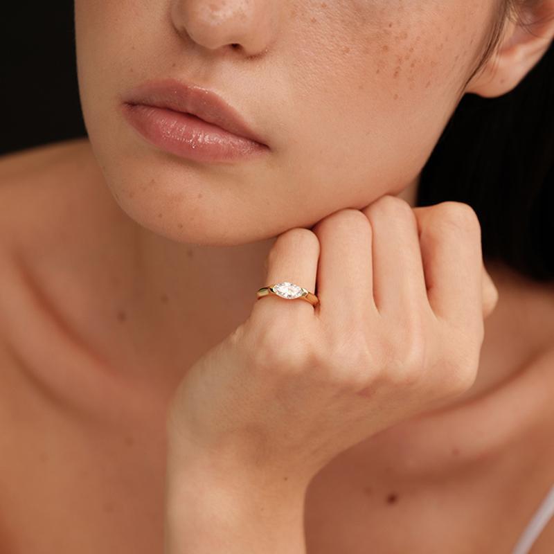 【037】Popular Marquise Cut Ring 5A Zircon Copper Plated Real Gold Pair Ring Hot in Europe and America for Couples