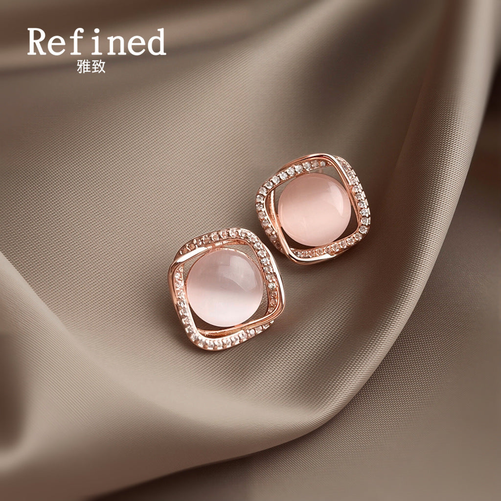 【018】Square geometric 3D high-end gentle stud earrings micro-inlaid zircon glass opal silver-plated rose gold pink earrings for daily