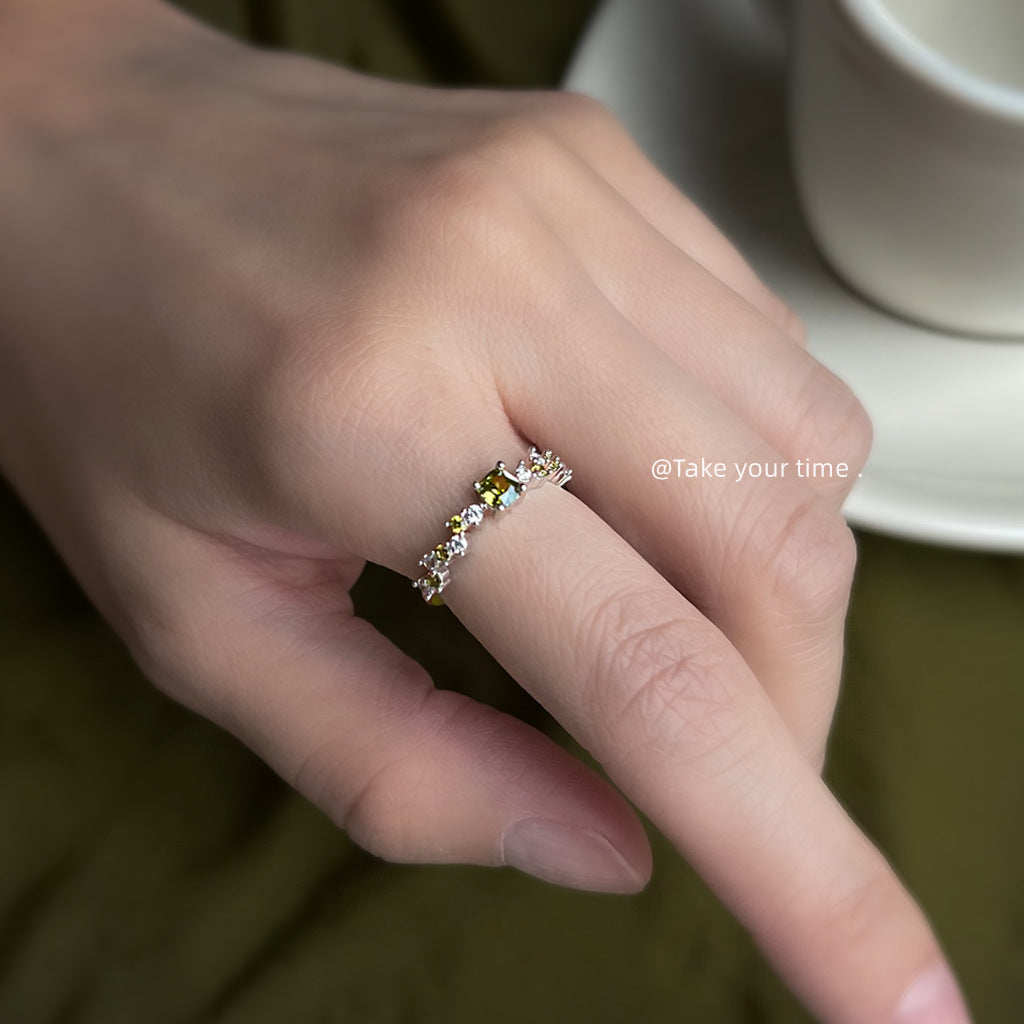 【017】Olive Green Zircon Ring French Retro Style Open Adjustable Plated Real Gold Color Retention New Arrival Index Finger Ring Factory Direct