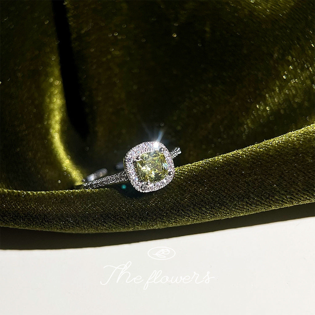【020】Green Ring Olive Green Fat Square Zircon Ring Real White Gold Plated Geometric Adjustable Opening Premium Jewelry