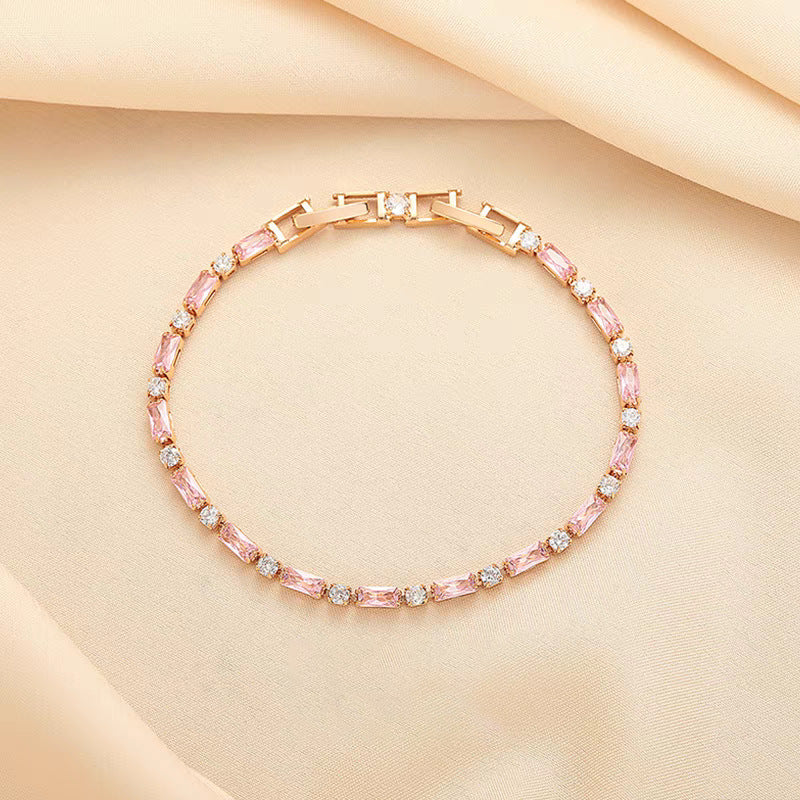 【041】Elegant Champagne Gold French Color Green Purple Pink Red Zircon Bracelet Light Luxury Niche Premium  Women Jewelry