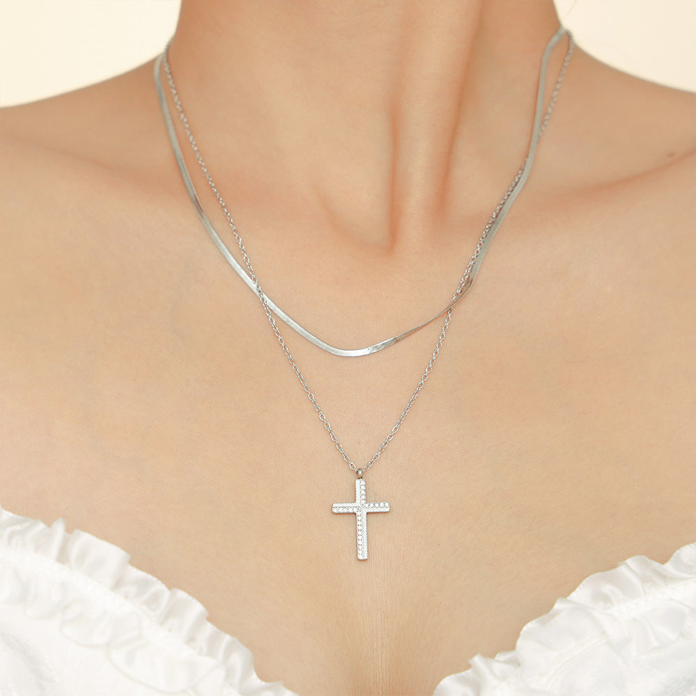 【045】Creative Twill Cross Zircon Pendant Necklace Female Ins Niche Light Luxury Titanium Steel Collarbone Chain
