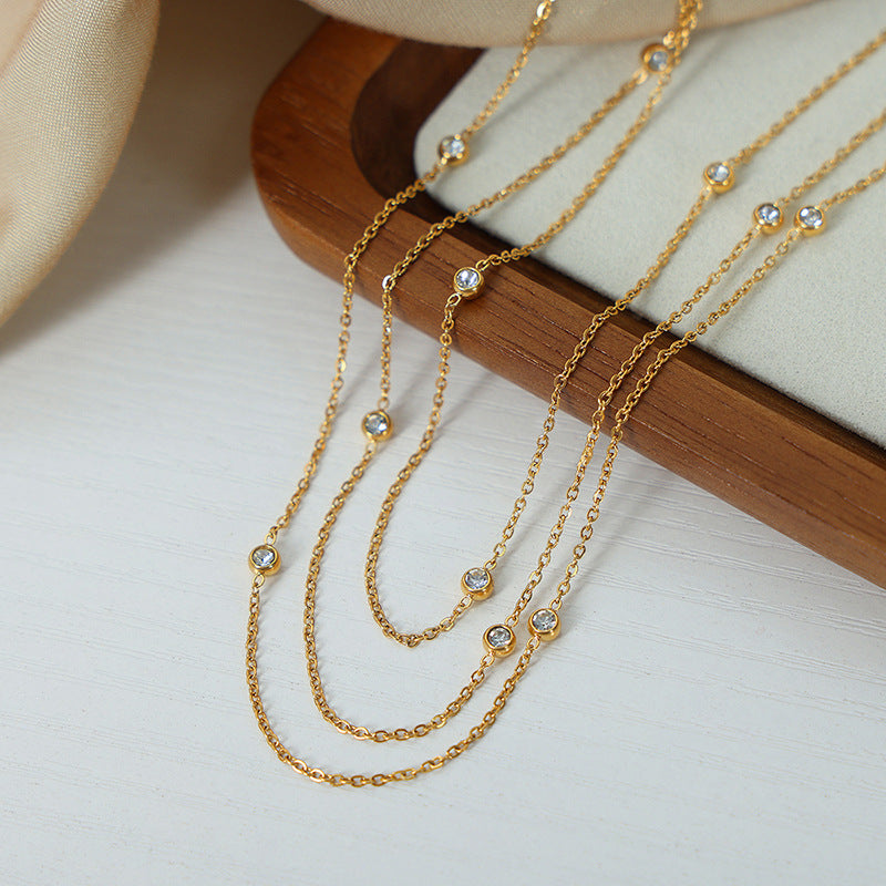 【053】New French minimalist niche design diamond-encrusted titanium steel gold-plated clavicle chain high-end versatile necklace jewelry women