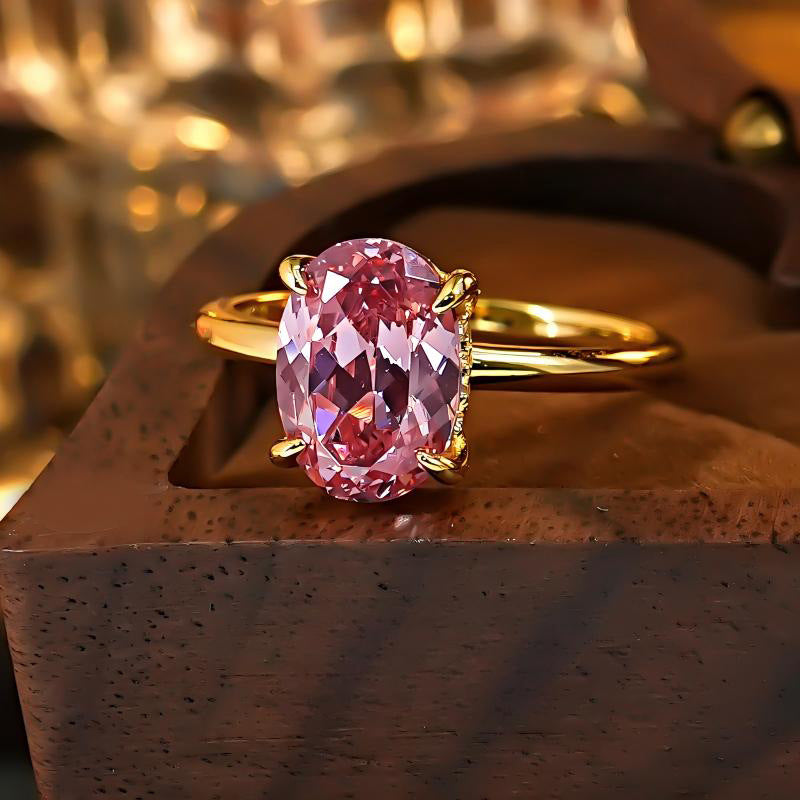 【009】Single Diamond Pigeon Egg Ring Pink Oval Ice Flower Cutting High End Simple Niche White Temperament Yellow Gold Opening Ring