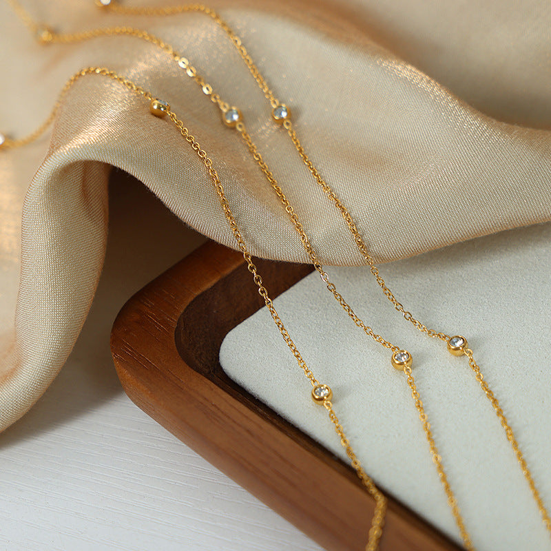 【053】New French minimalist niche design diamond-encrusted titanium steel gold-plated clavicle chain high-end versatile necklace jewelry women