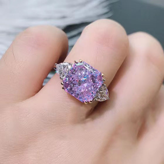 【005】Eight Hearts Eight Arrows Princess Square Pink Tourmaline Flash Diamond Color Separation Open Ring for Women Internet Celebrity Live Broadcast