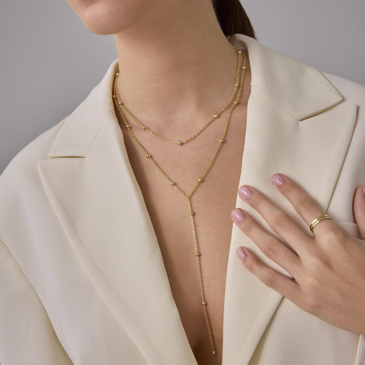 【031】Quality European and American cross-border fashion simple Y-shaped necklace versatile temperament fringed round beads multi-layer stacked collarbone chain chest