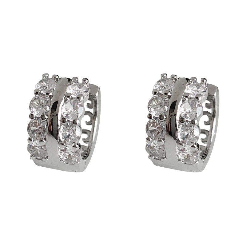 【039】Cold Wind Personality Slightly Inlaid Zircon Double Row Ear Buckle Light Luxury High End Commuting Versatile Full Zirconium Ring Temperament Ear Buckle