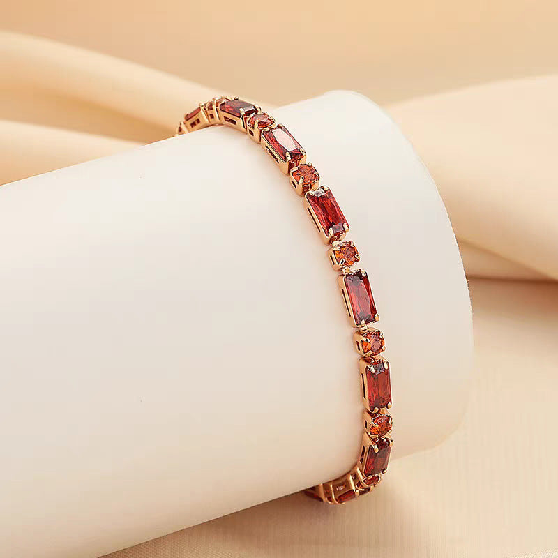 【041】Elegant Champagne Gold French Color Green Purple Pink Red Zircon Bracelet Light Luxury Niche Premium  Women Jewelry