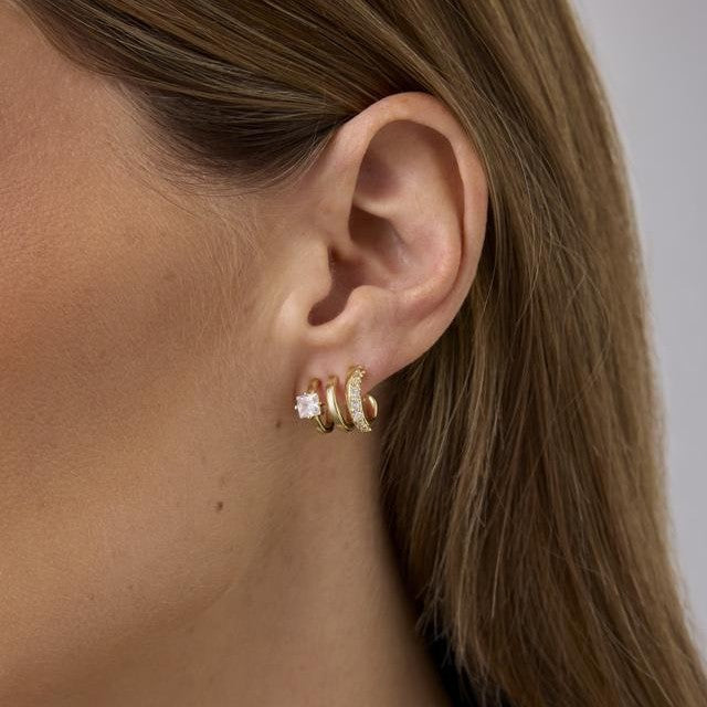 【032】One Hole Three Ring Stud Earrings Copper Plated Real Gold Thickened Flash Zircon Jewelry