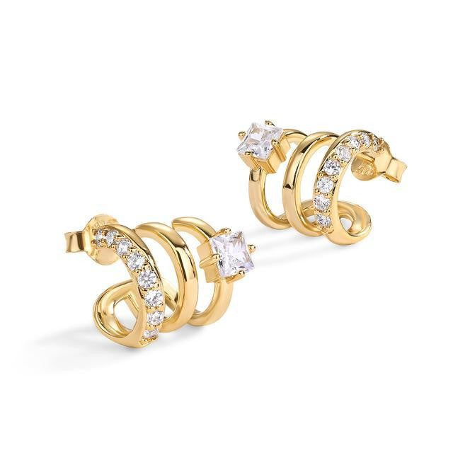 【032】One Hole Three Ring Stud Earrings Copper Plated Real Gold Thickened Flash Zircon Jewelry