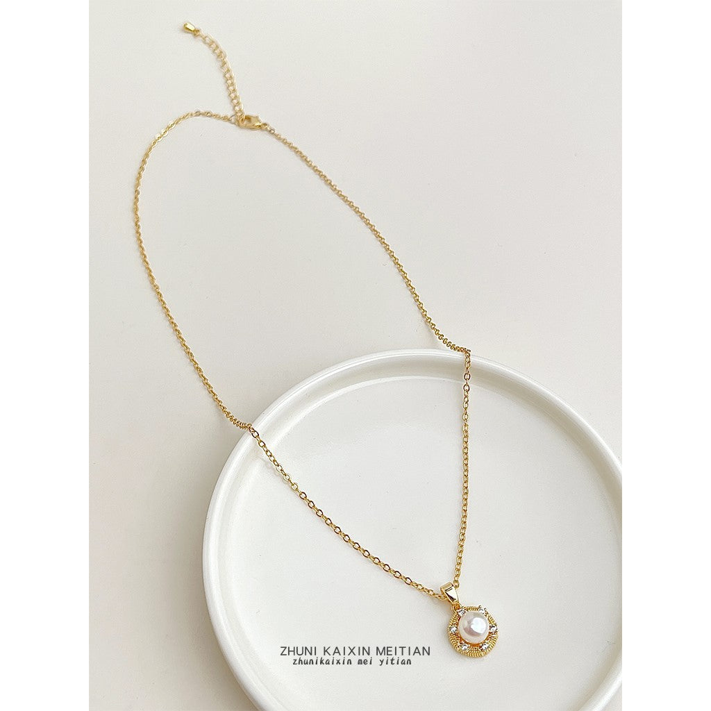 【014】18K Real Gold Plated Freshwater Pearl Necklace for Women Strong Color Retention Slightly Inlaid Zircon Fresh Sweet Small Fragrance Collarbone Chain
