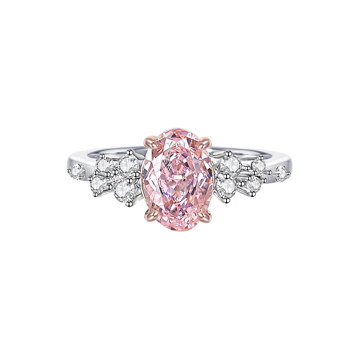 【008】Fashionable Pink Oval Open Ring Pigeon Egg Flash Comparable to Ice Flower Cut Cherry Blossom Zircon Marriage Proposal Ring for Women Wedding