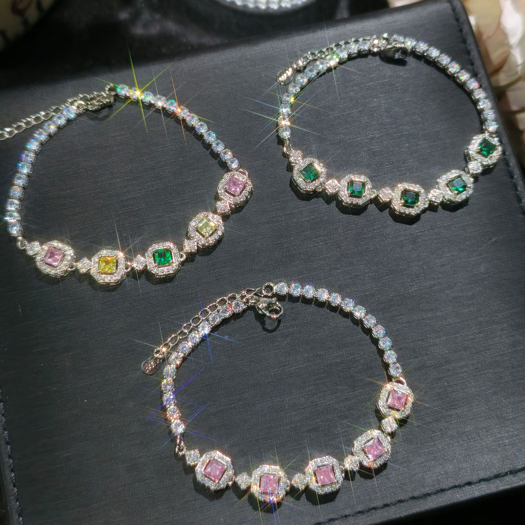 【003】High-end Internet celebrities live broadcast new products hot sale simulation color tourmaline princess square full diamond bracelet femininity fashion jewelry