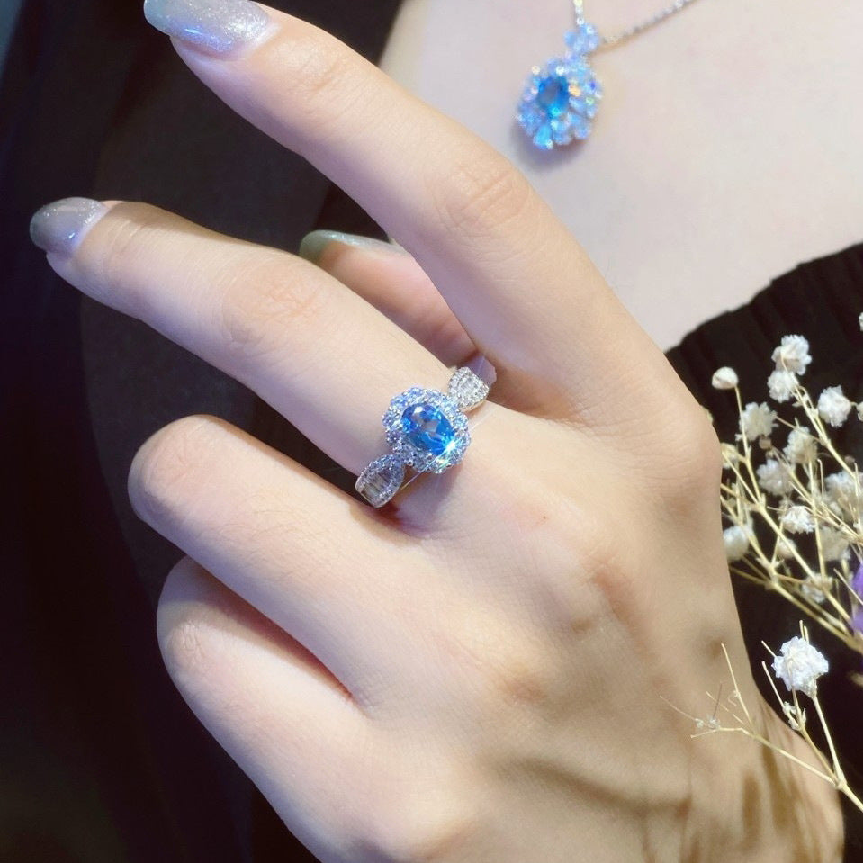 【002】Popular live broadcast hot-selling new product artificial sky blue topaz full diamond casualelegant open ring for women