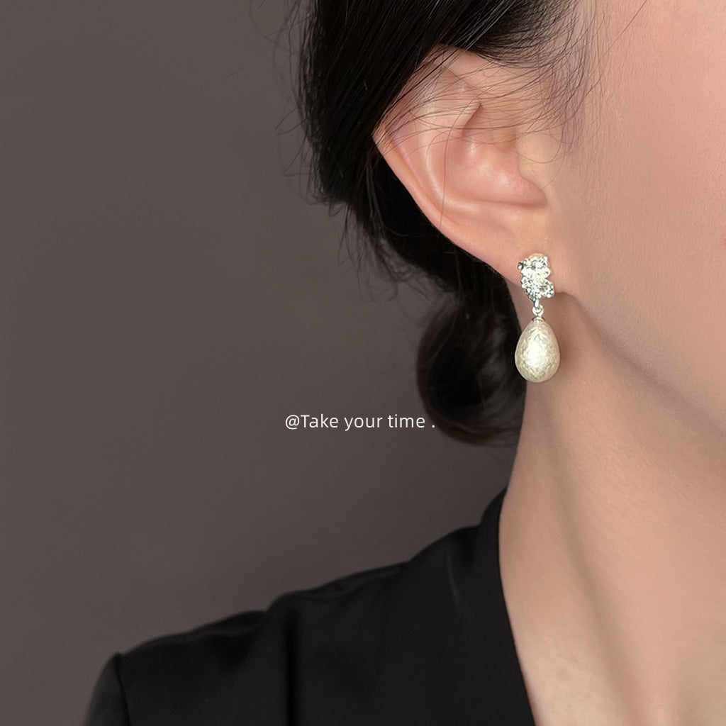 【012】Snowflake Pearl Water Drop Earrings French Pattern Silver Plated Needle Light Luxury Women Temperament High End Jewelry