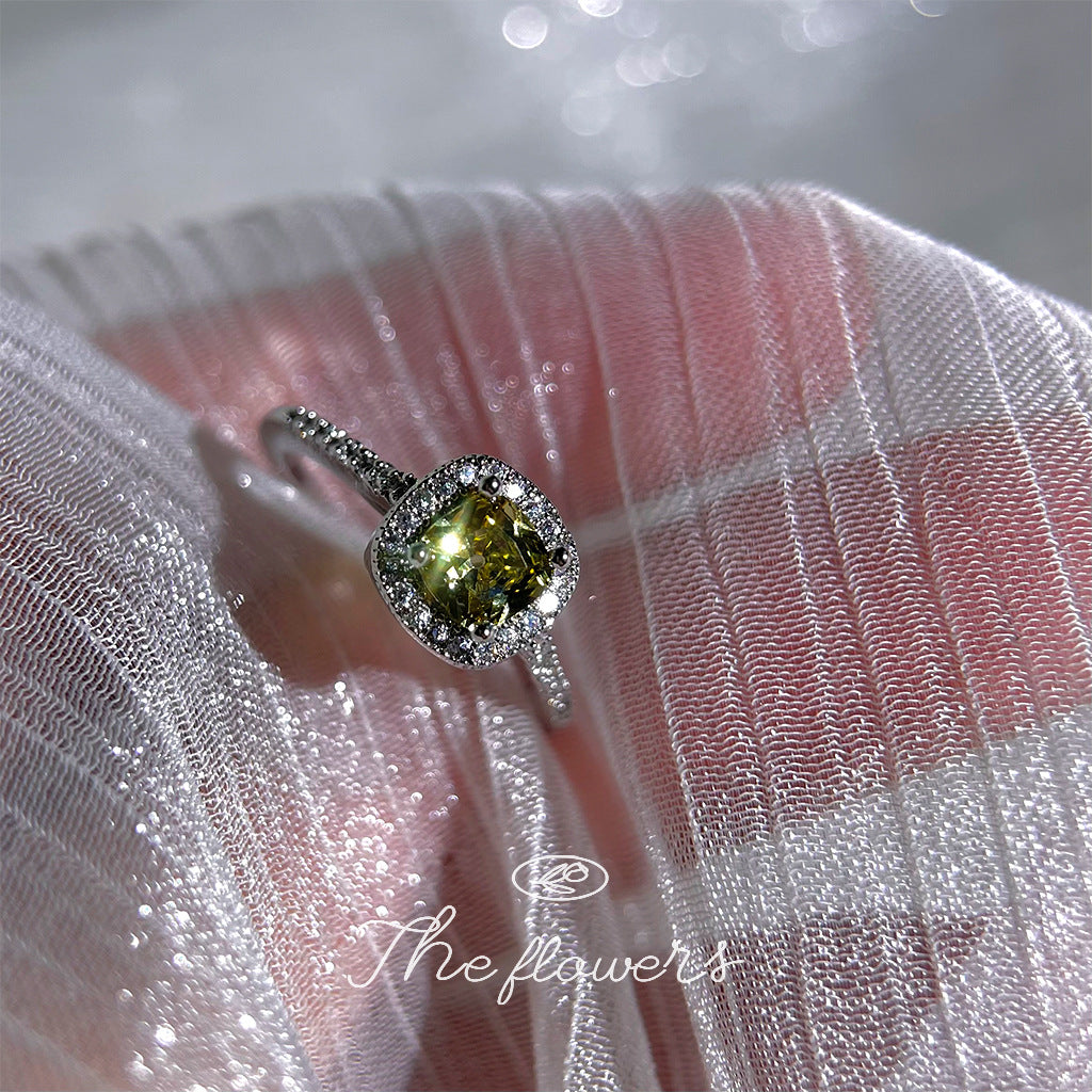 【020】Green Ring Olive Green Fat Square Zircon Ring Real White Gold Plated Geometric Adjustable Opening Premium Jewelry