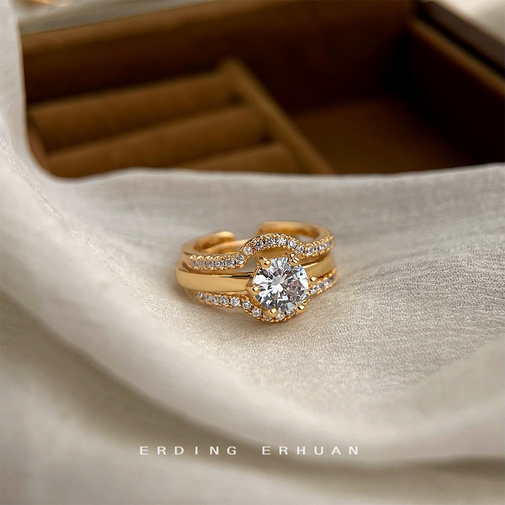 【011】Electroplated 14K Real Gold Thickened Color Retention Zircon Ring Two Wear Opening Adjustable Set Ring Index Finger Ring