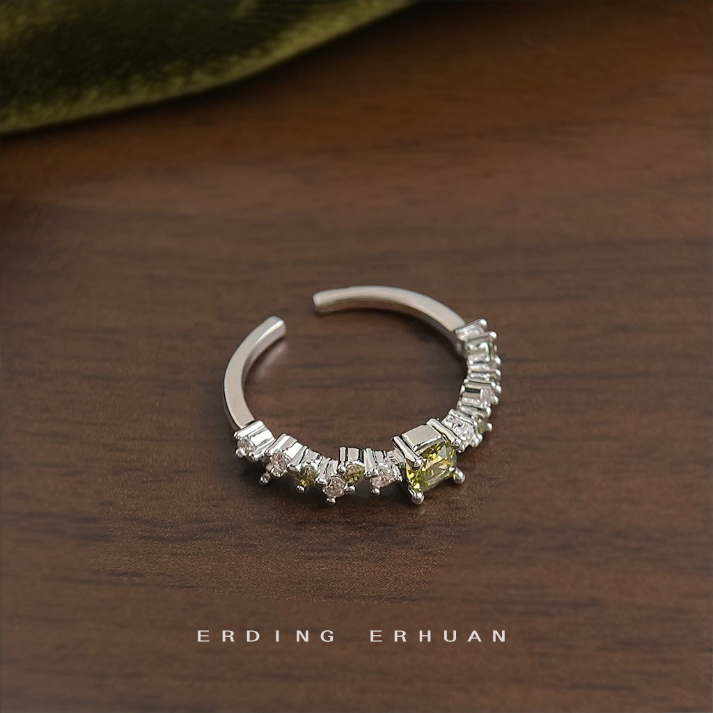 【017】Olive Green Zircon Ring French Retro Style Open Adjustable Plated Real Gold Color Retention New Arrival Index Finger Ring Factory Direct