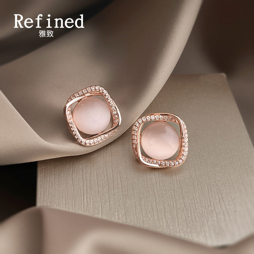 【018】Square geometric 3D high-end gentle stud earrings micro-inlaid zircon glass opal silver-plated rose gold pink earrings for daily