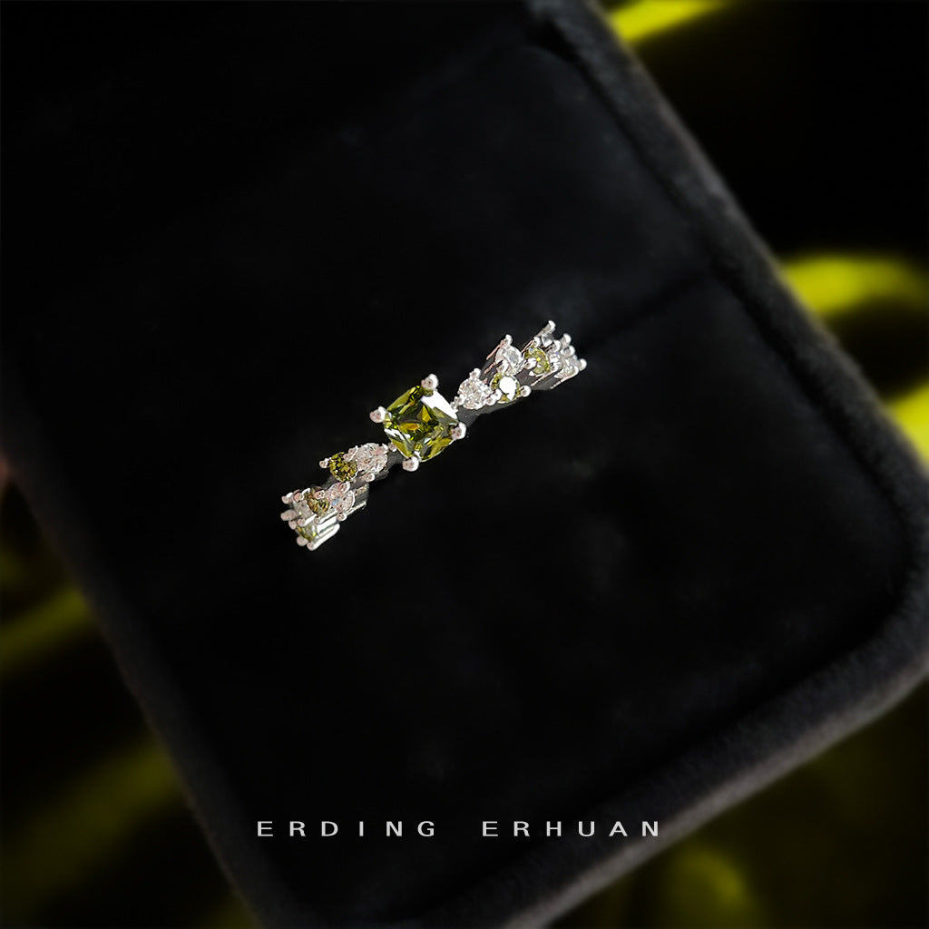 【017】Olive Green Zircon Ring French Retro Style Open Adjustable Plated Real Gold Color Retention New Arrival Index Finger Ring Factory Direct