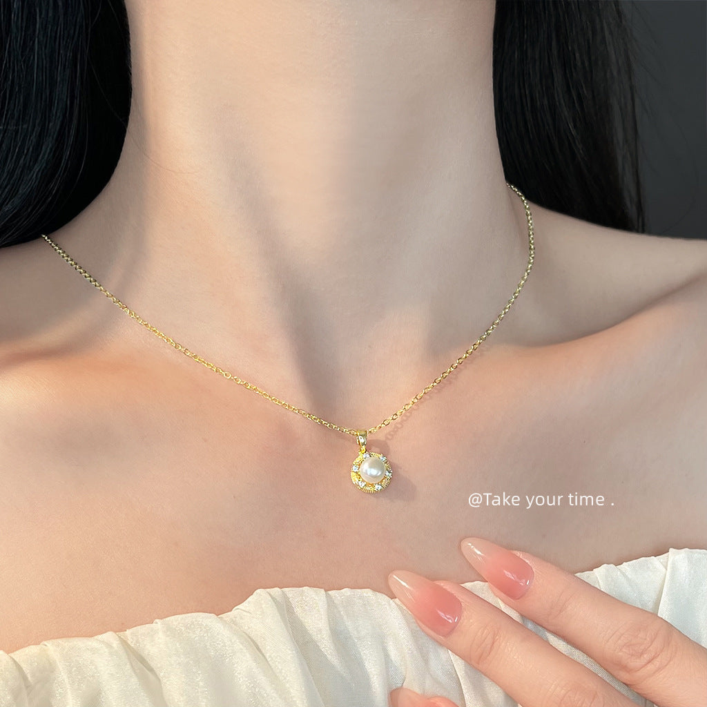 【014】18K Real Gold Plated Freshwater Pearl Necklace for Women Strong Color Retention Slightly Inlaid Zircon Fresh Sweet Small Fragrance Collarbone Chain