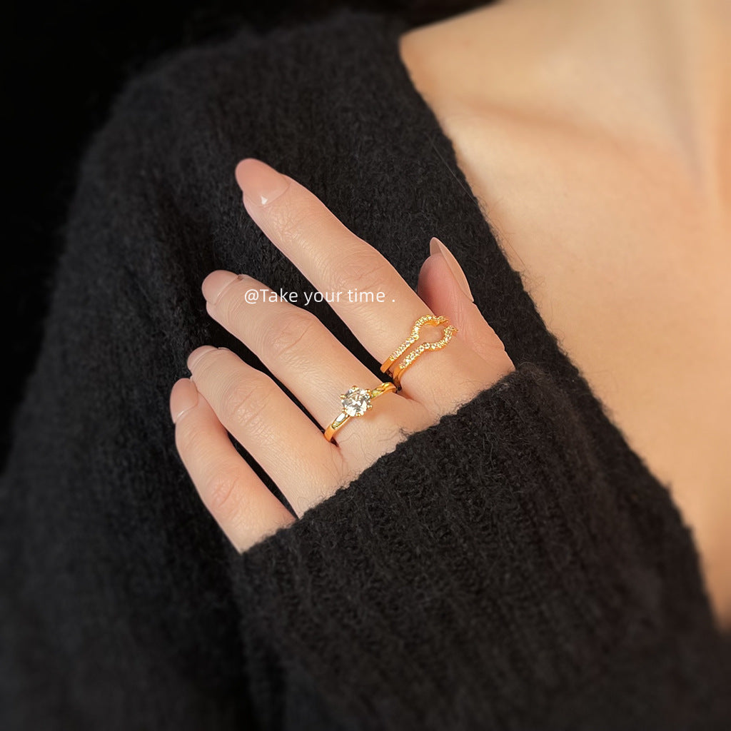 【011】Electroplated 14K Real Gold Thickened Color Retention Zircon Ring Two Wear Opening Adjustable Set Ring Index Finger Ring