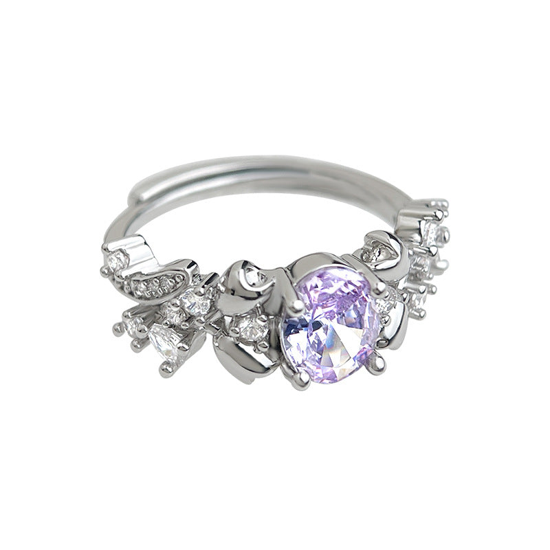 【015】High End Purple Zircon Ring Thick Plated Real White Gold Opening Adjustable Wreath Ring Strong Color Retention Micro Inlaid