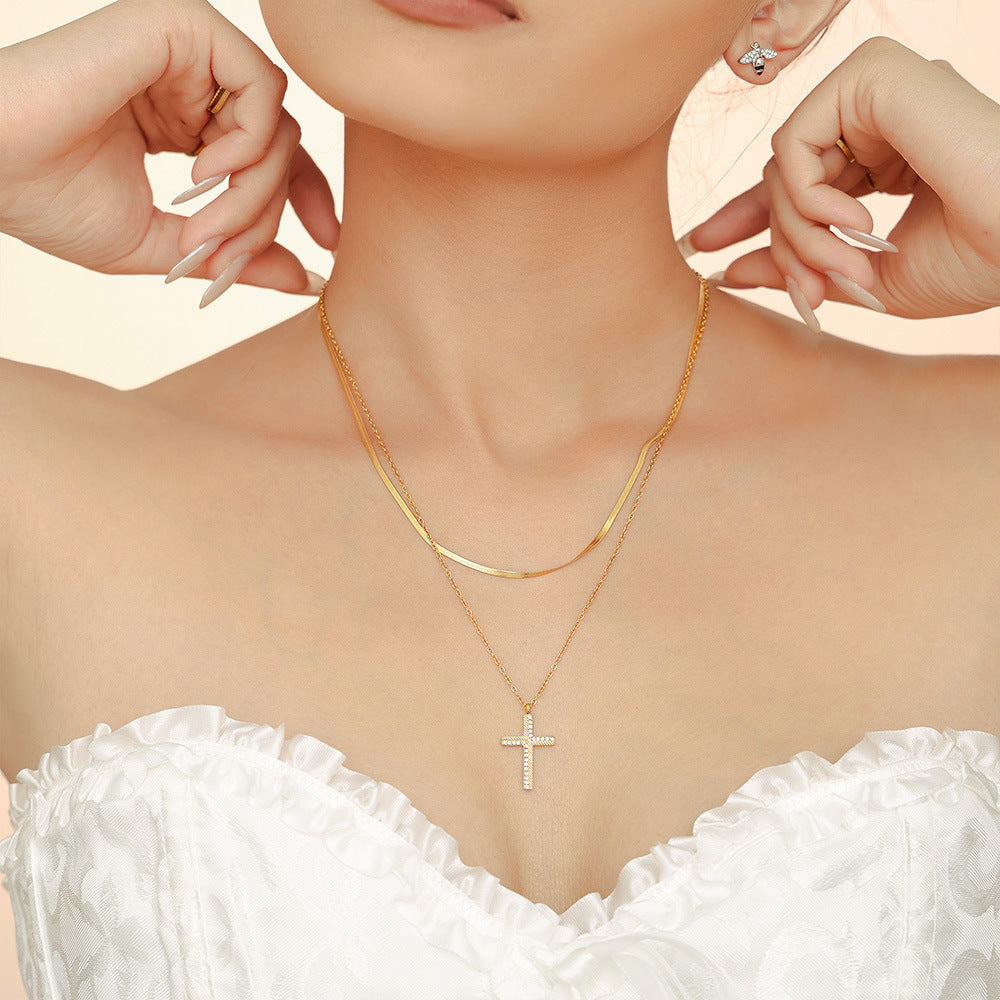 【045】Creative Twill Cross Zircon Pendant Necklace Female Ins Niche Light Luxury Titanium Steel Collarbone Chain