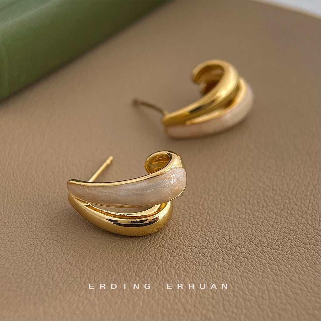 【025】Fashion Simple Personality Earrings Double Layer Geometric Ear Buckle Oil Drip Metal Texture Trendy Three Dimensional Jewelry