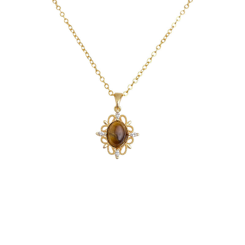 【013】Thick Plated 18K Real Gold Tiger Eye Stone Necklace French Clavicle Chain Literary Retro Temperament Strong Color Retention Natural Stone Jewelry