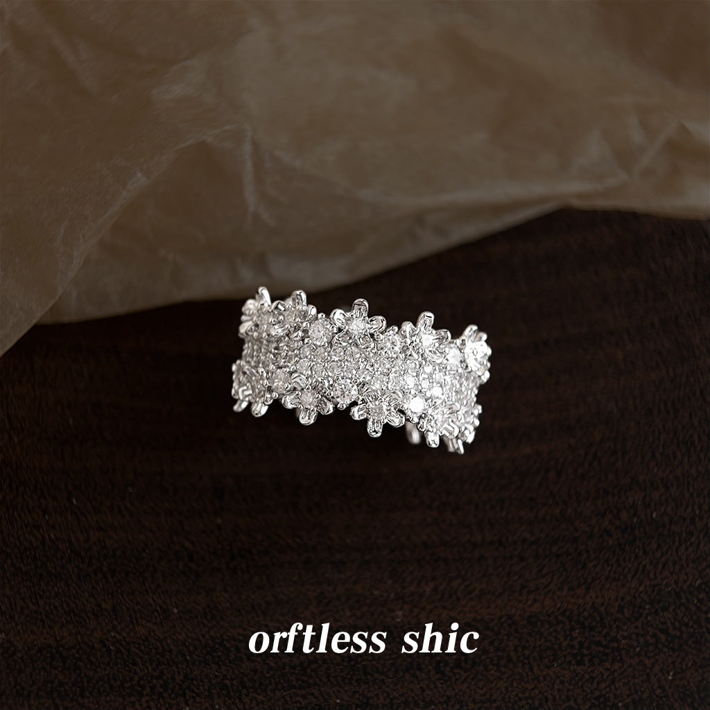 【023】Real White Gold Electroplated Zircon Flower Ring Adjustable Opening High End Fashion Index Finger Ring Color Retention