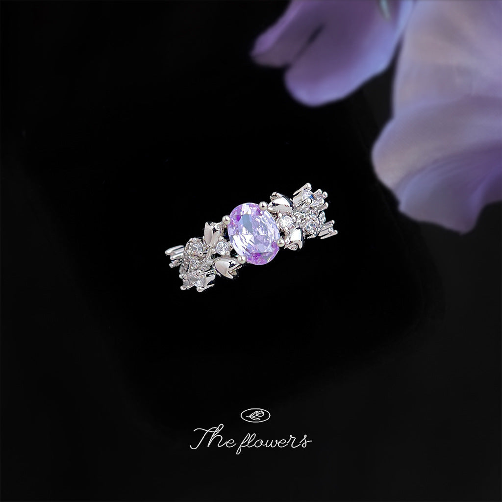 【015】High End Purple Zircon Ring Thick Plated Real White Gold Opening Adjustable Wreath Ring Strong Color Retention Micro Inlaid