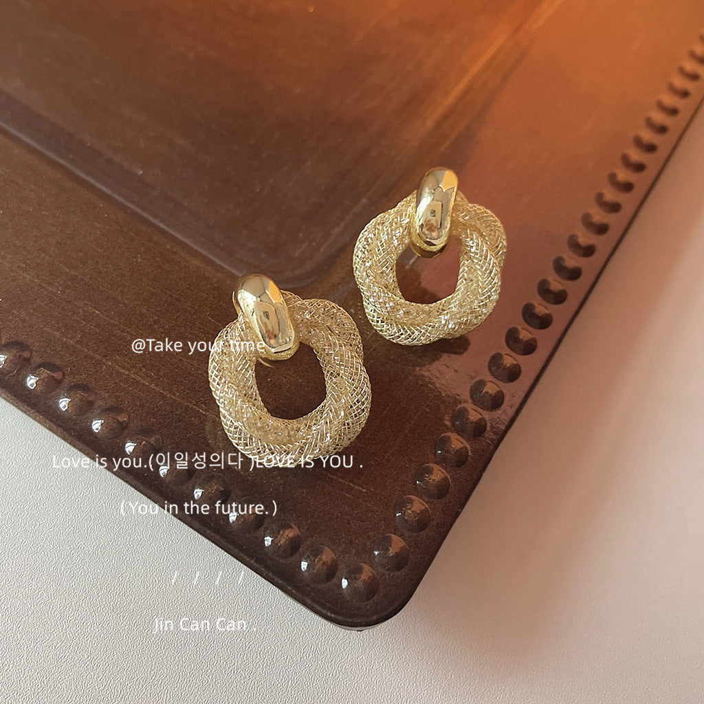 【021】French Premium Geometric Twist Silver Plated Needle Broken Diamond Zircon Stud Earrings Women 14K Plated Earrings