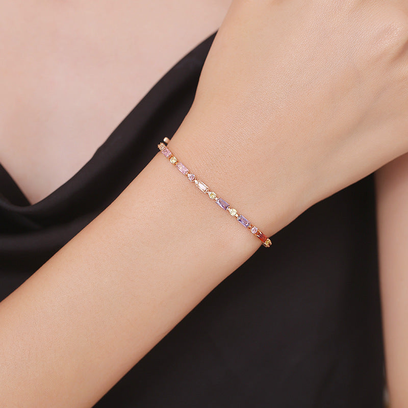 【041】Elegant Champagne Gold French Color Green Purple Pink Red Zircon Bracelet Light Luxury Niche Premium  Women Jewelry